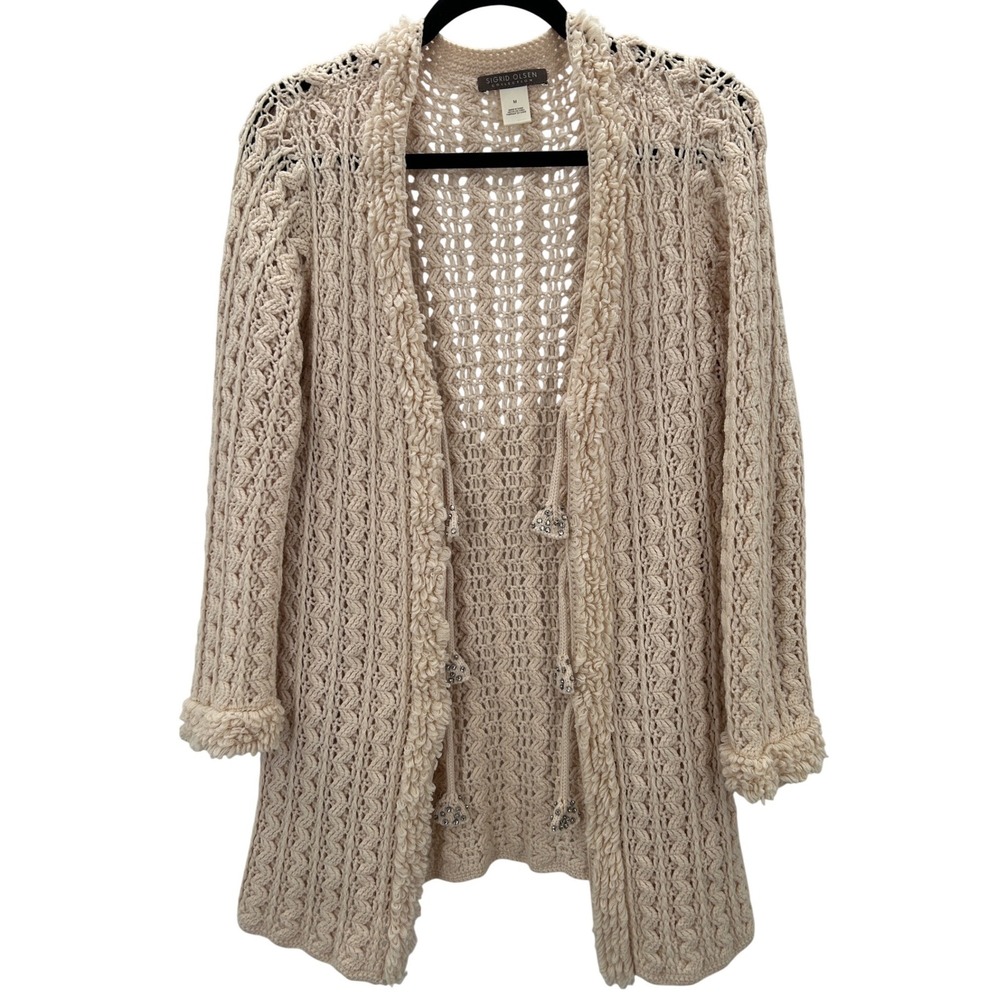 Sigrid Olsen Cream Wool Open Knit Rhinestone Fringe Cardigan Sweater Medium‎
